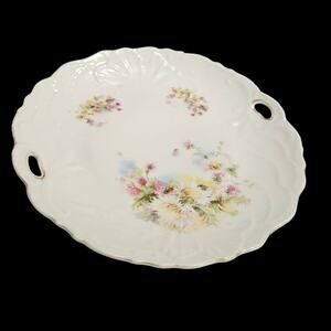 Vintage Floral Porcelain Cake Plate Serving Tray Handles Scalloped 9.5 Inch